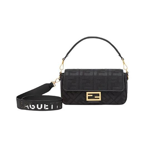 [스페셜오더]FENDI-8BR600 펜디 블랙 FF 캔버스 레이저컷 레터링 스트랩 바게트 백 27CM