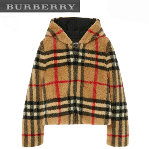 BURBERRY-80727521 버버리 베이지 체크 플리스 후드 재킷 여성용