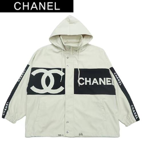 CHANEL-09163 샤넬 화이트/블랙 아플리케 장식 바람막이 후드 재킷 남여공용