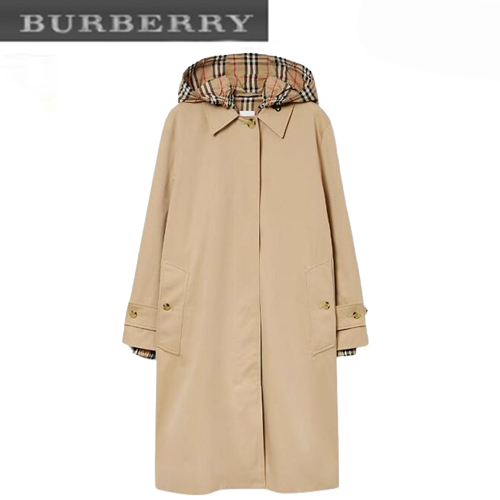 [스페셜오더]BURBERRY-80726771 버버리 허니 체크 후드 개버딘 카 코트 여성용