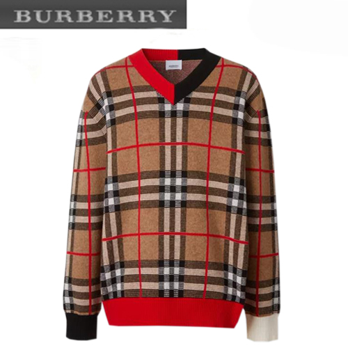 BURBERRY-80236641 버버리 체크 메리노 울 자카드 브이넥 스웨터